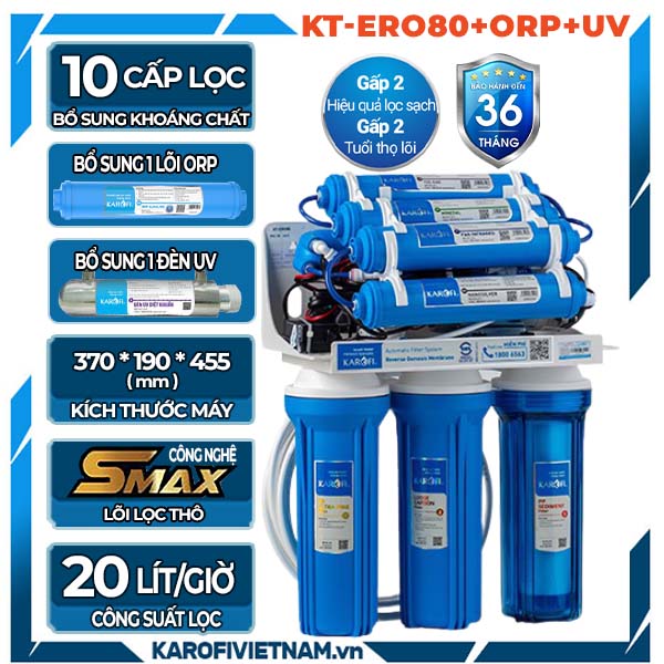 Máy lọc nước eRO 10 lõi không tủ đèn UV - KT-eRO80+ORP+UV