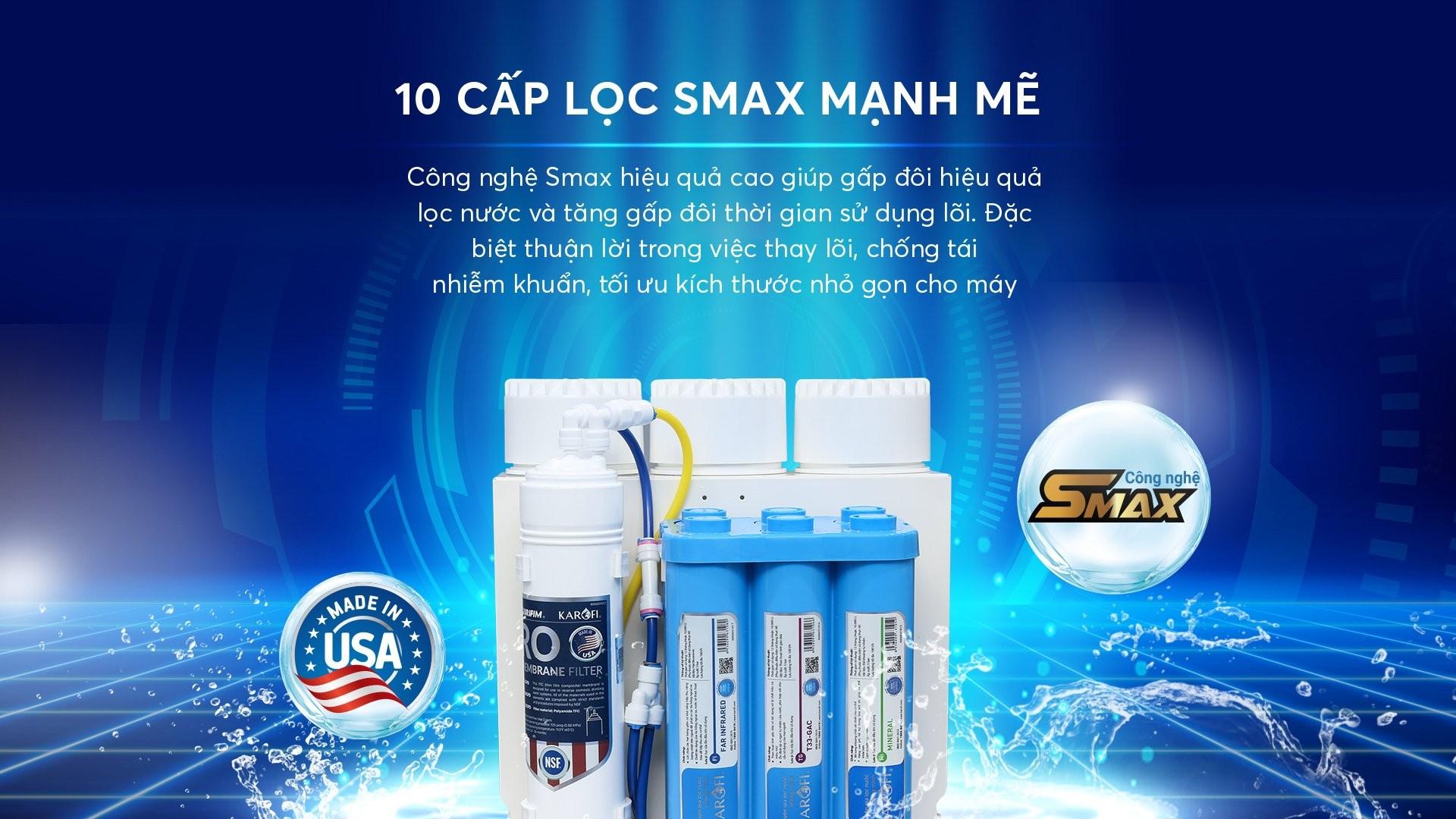 Hệ thống 10 lõi lọc sử dụng công nghệ SMAX gấp đôi lượng nước tinh khiết