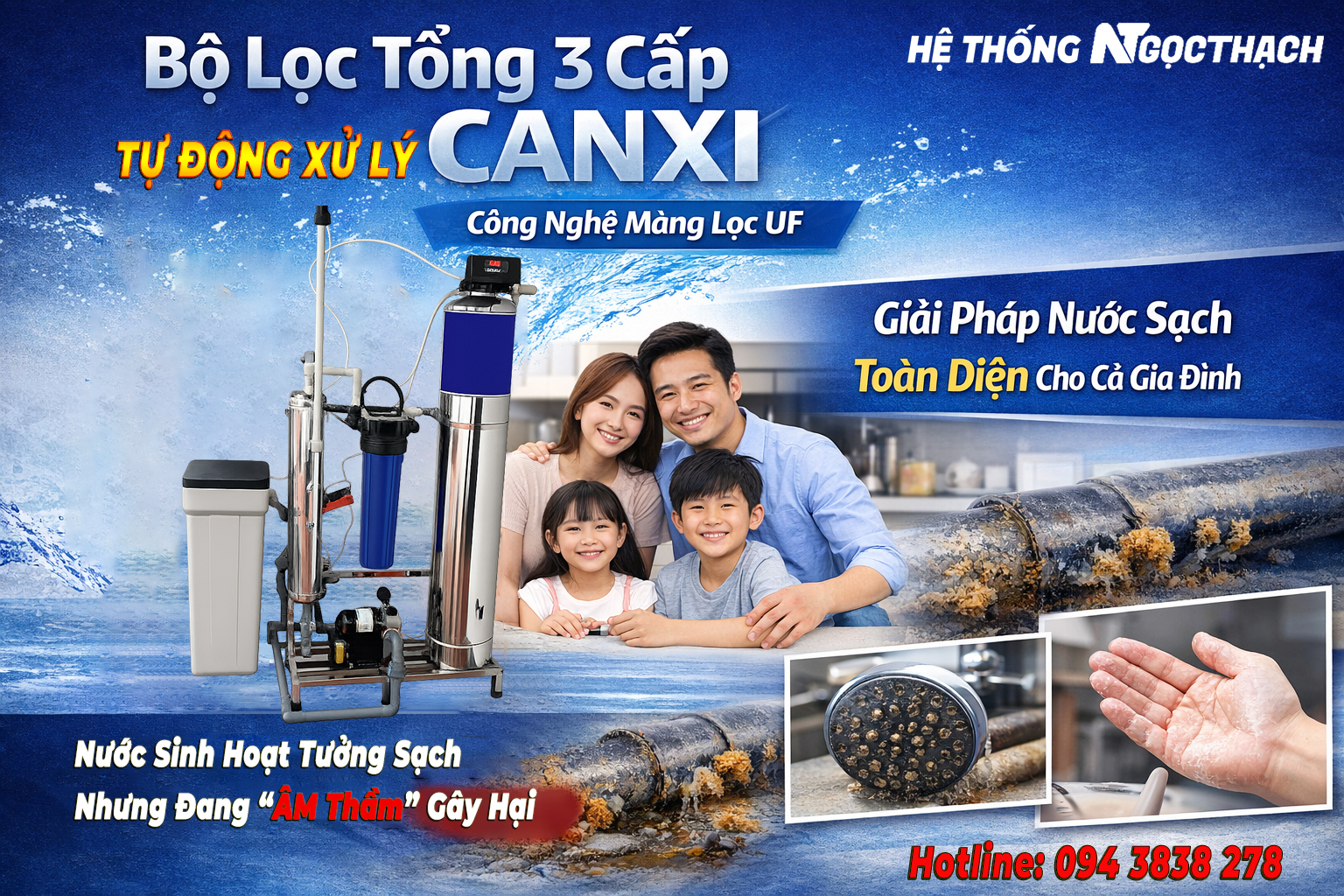 Bộ lọc Tổng 3 cấp tự động xử lý Canxi công nghệ màng Lọc UF