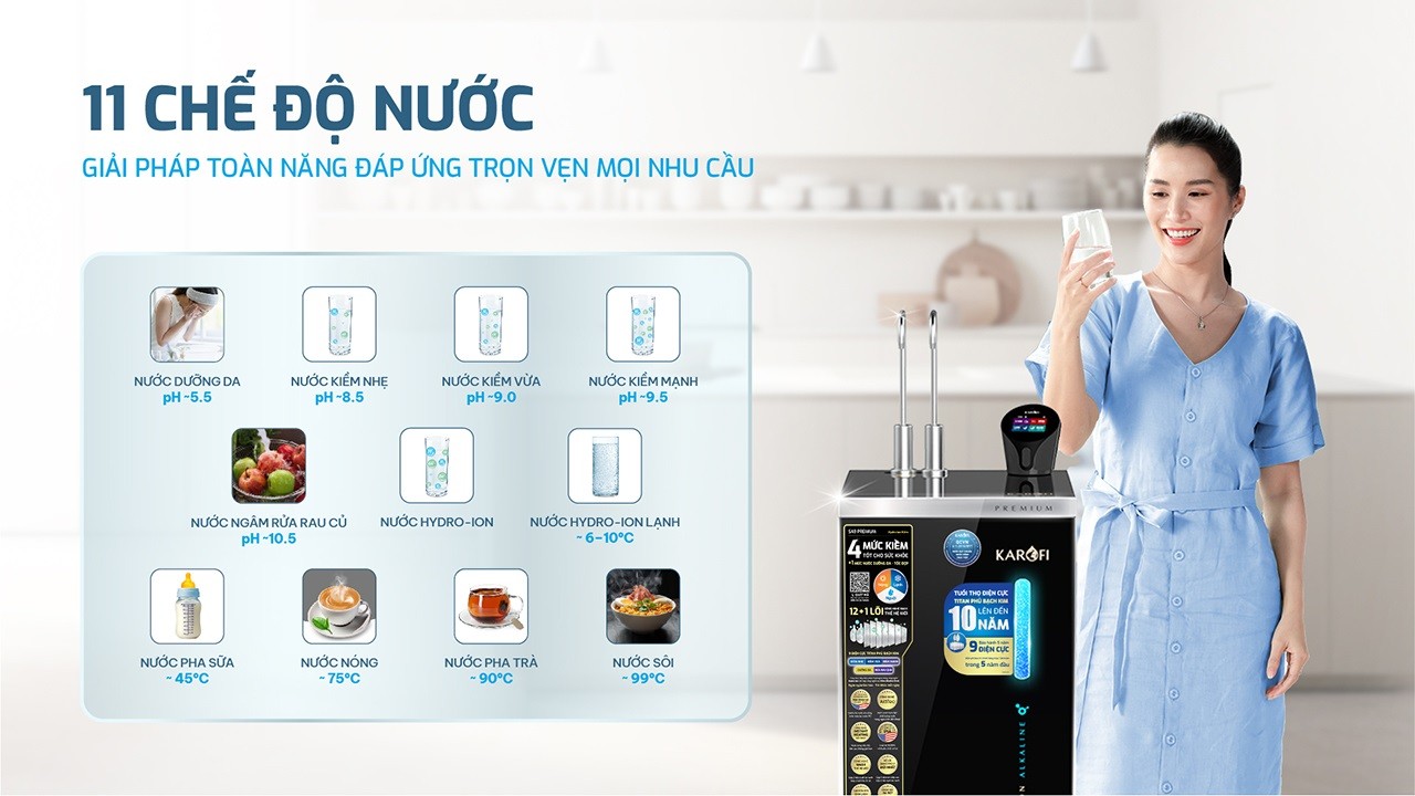 Máy lọc nước nóng lạnh Hydro-ion Kiềm Karofi SA9 PREMIUM