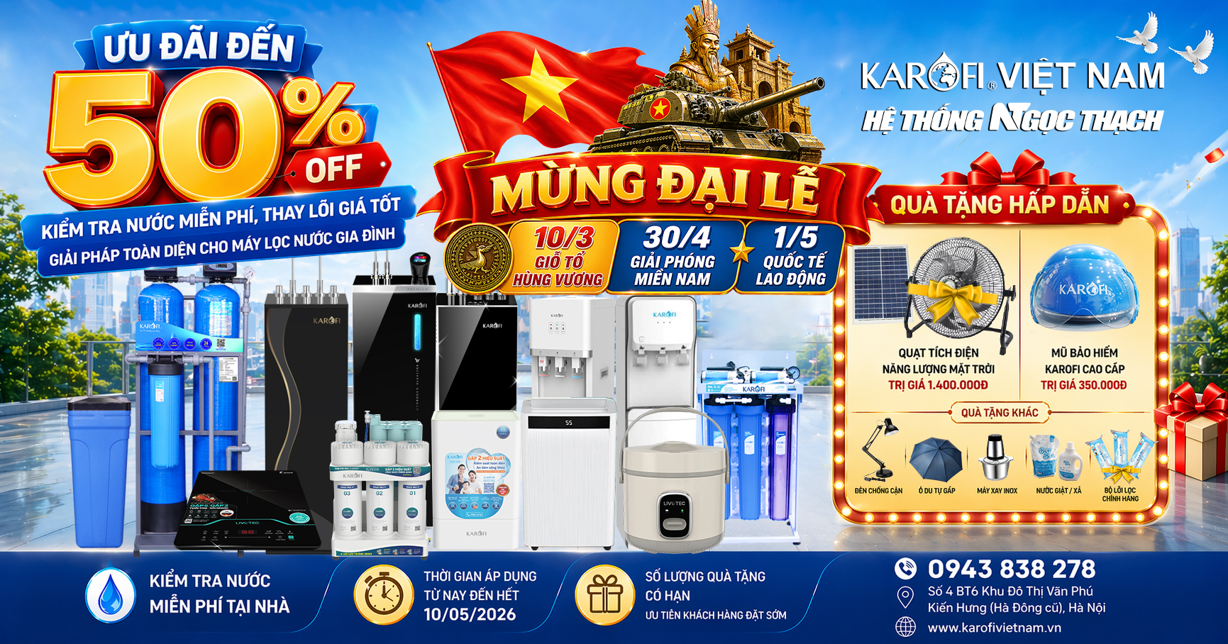 Ưu Đãi Đến 50% Dịp 30/4 – 1/5: Kiểm Tra Nước Miễn Phí, Thay Lõi Giá Tốt – Giải Pháp Toàn Diện Cho Máy Lọc Nước Gia Đình