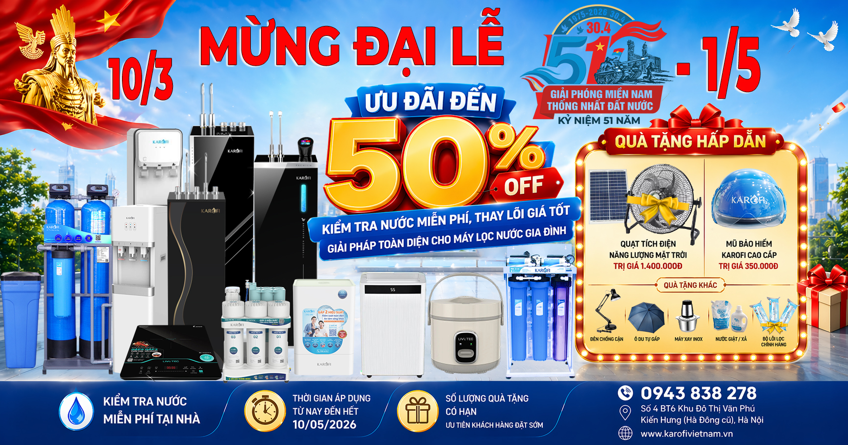 Ưu Đãi Đến 50% Dịp 30/4 – 1/5: Kiểm Tra Nước Miễn Phí, Thay Lõi Giá Tốt – Giải Pháp Toàn Diện Cho Máy Lọc Nước Gia Đình
